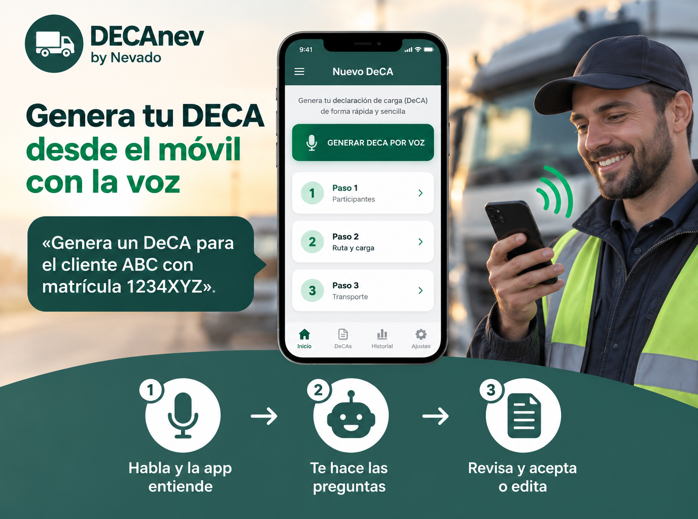DECAnev genera el DeCA electrónico por voz desde el móvil: la app pregunta, entiende la respuesta y muestra una vista previa antes de validar