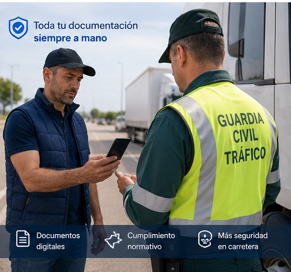Conductor mostrando la documentación digital a un agente de la Guardia Civil de Tráfico