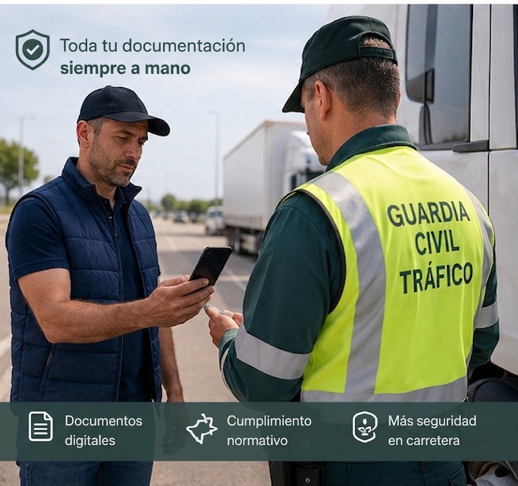 Conductor mostrando el DeCA digital de DECAnev en el móvil a un agente de Tráfico durante un control